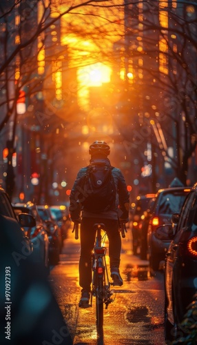 Ultra-sharp photo of bicycle commuting in a city, highlighting sustainable urban living and the commitment to reducing carbon emissions for a greener future.