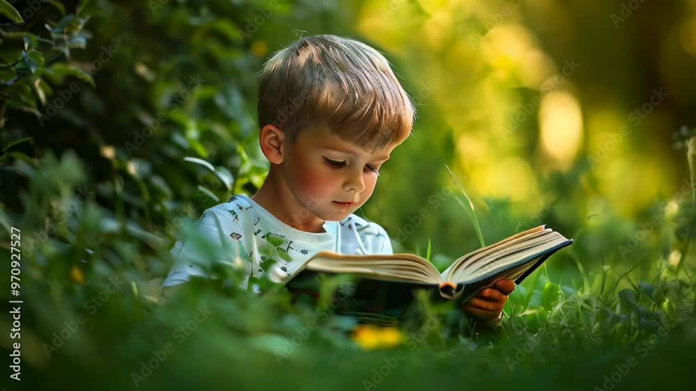 A young child engrossed in reading a book surrounded by lush greenery in a sunny park on a warm afternoon A young child engrossed in reading a book surrounded by lush greenery in a sunny park on a warm afternoon