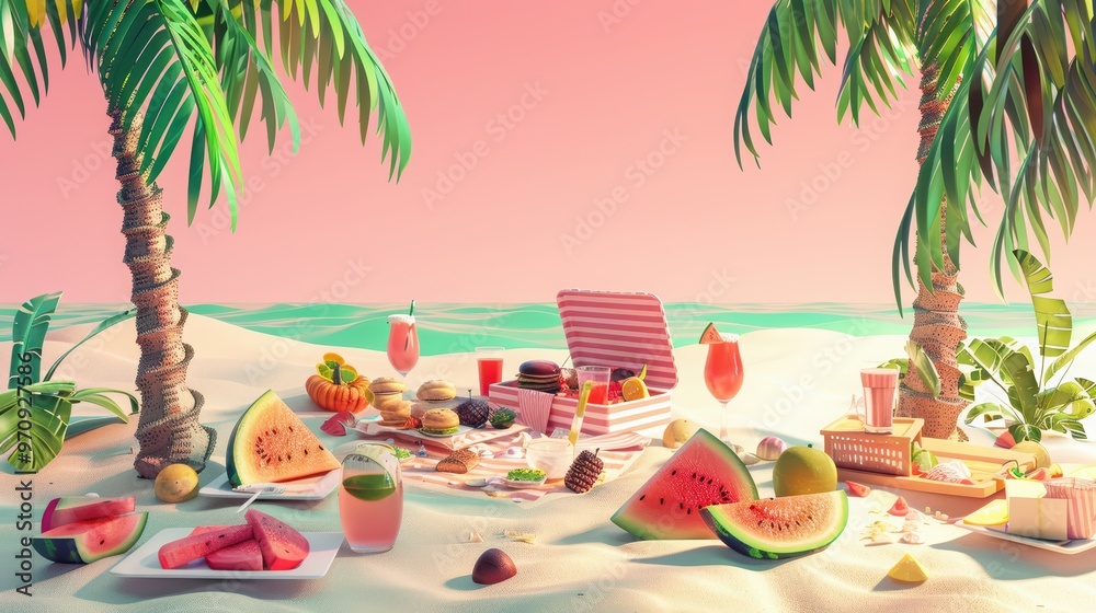 Obraz premium A vibrant beach picnic setup with tropical fruits, refreshing drinks, and a serene sunset backdrop. Perfect for summer vibes.