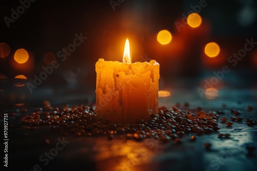Ultra-sharp photo of a solitary white burning candle casting a somber glow against a dark backdrop, symbolizing funeral, mourning, and memorial service. photo