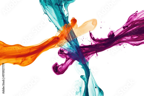 Colorful liquid splashes intersect in mid-air, creating a vibrant and dynamic abstract design.