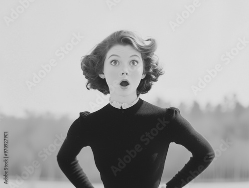 black and white. A monochrome image of a surprised woman with wide eyes and wind-swept hair, evoking an abstract sense of wonder. photo