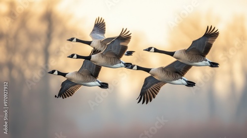 Canadian Geese Flying in Formation at Sunset