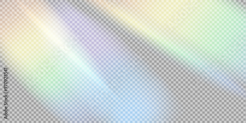 Light flare reflection on transparent background. Light ray background. Rainbow stripes, refraction of light, sun glare. Rainbow lights, streak overlay.