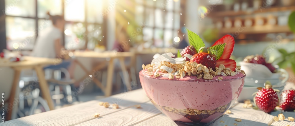 A vibrant smoothie bowl topped with fresh strawberries and granola, perfect for a healthy breakfast in a cozy cafe. A vibrant smoothie bowl topped with fresh strawberries and granola, perfect for a healthy breakfast in a cozy cafe.