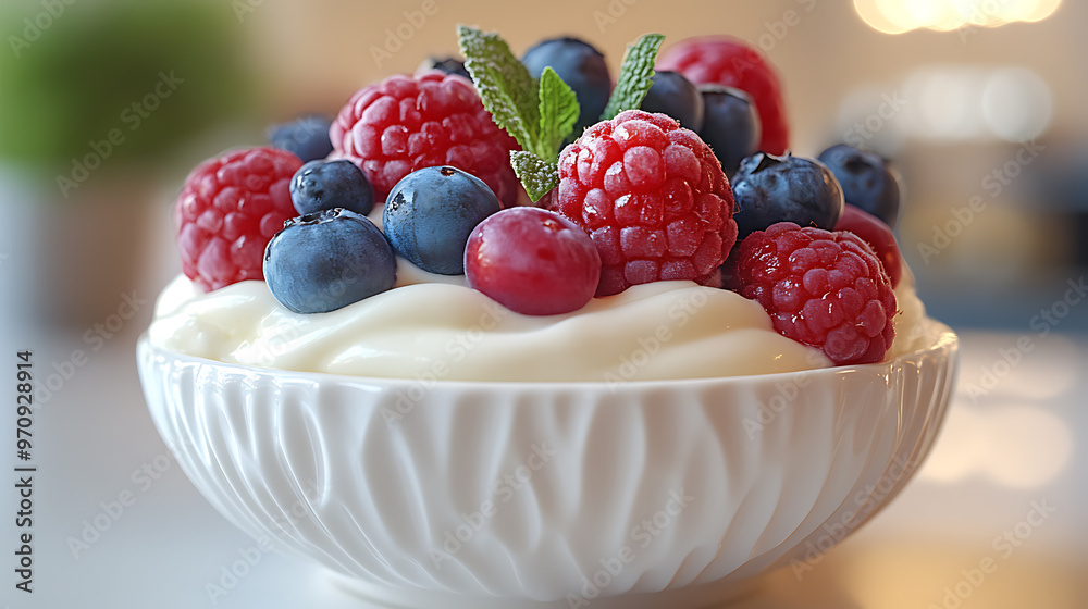 A bowl of creamy yogurt topped with fresh strawberries A bowl of creamy yogurt topped with fresh strawberries