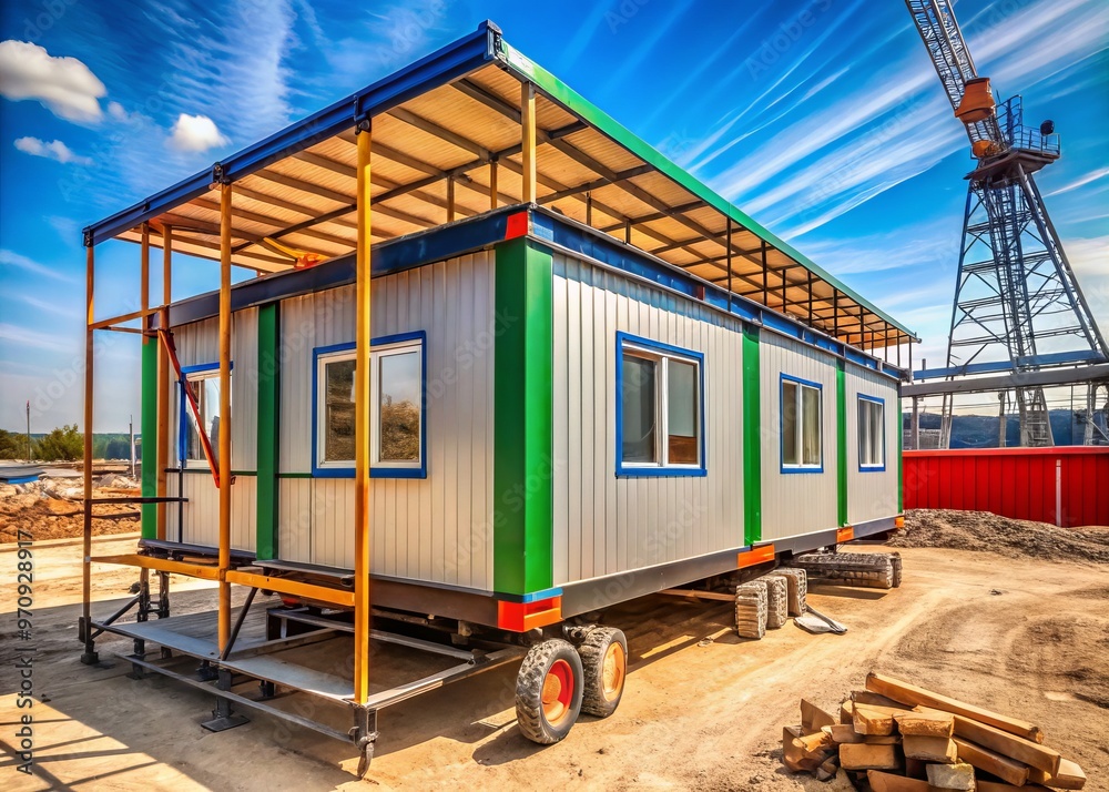 A modular mobile office stands on wheels and steel beams amidst a dusty construction site, its corrugated roof and windows reflecting the vibrant colors of nearby scaffolding. A modular mobile office stands on wheels and steel beams amidst a dusty construction site, its corrugated roof and windows reflecting the vibrant colors of nearby scaffolding.
