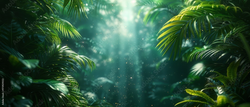 Obraz premium Immerse yourself in the tropical night sky as stars shimmer through the lush palm leaves, creating an enchanting view amidst the dark canopy.