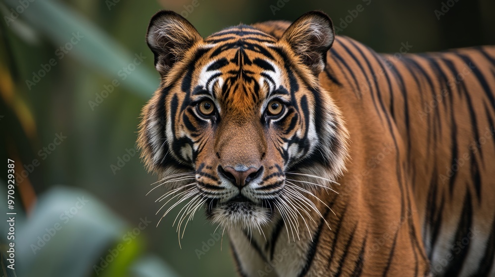 The closeup image of Malayan tiger (Panthera tigris jacksoni). It is a tiger population in Peninsular Malaysia. This population inhabits the southern and central parts of the Malay Peninsula The closeup image of Malayan tiger (Panthera tigris jacksoni). It is a tiger population in Peninsular Malaysia. This population inhabits the southern and central parts of the Malay Peninsula