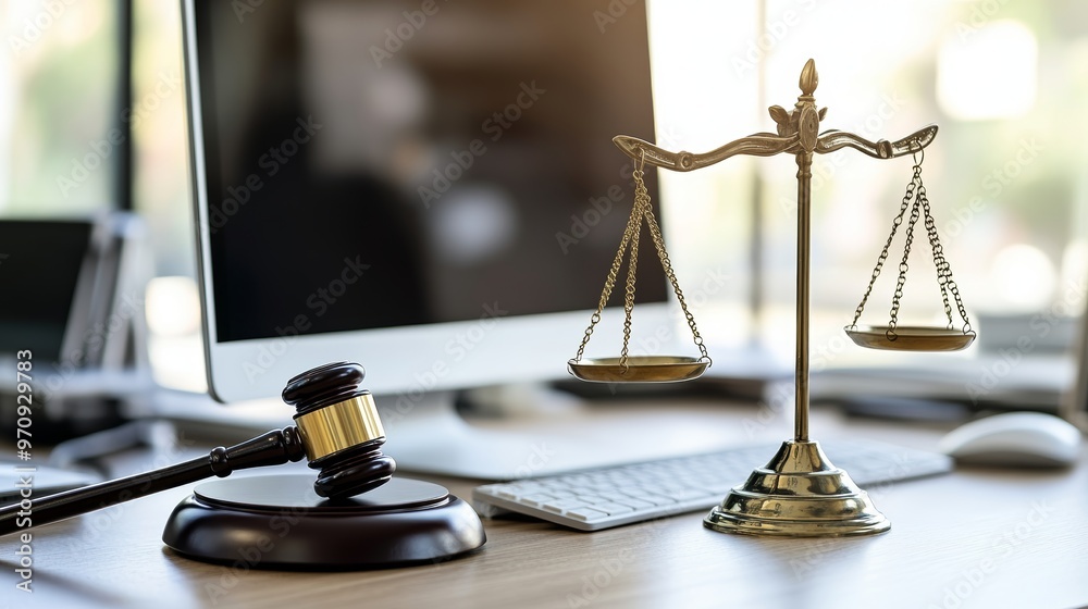 Law legal technology concept. judge gavel on computer with scales of justice on desk of lawyer. Law legal technology concept. judge gavel on computer with scales of justice on desk of lawyer.
