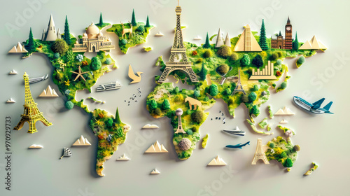 Creative world map with iconic landmarks and greenery photo