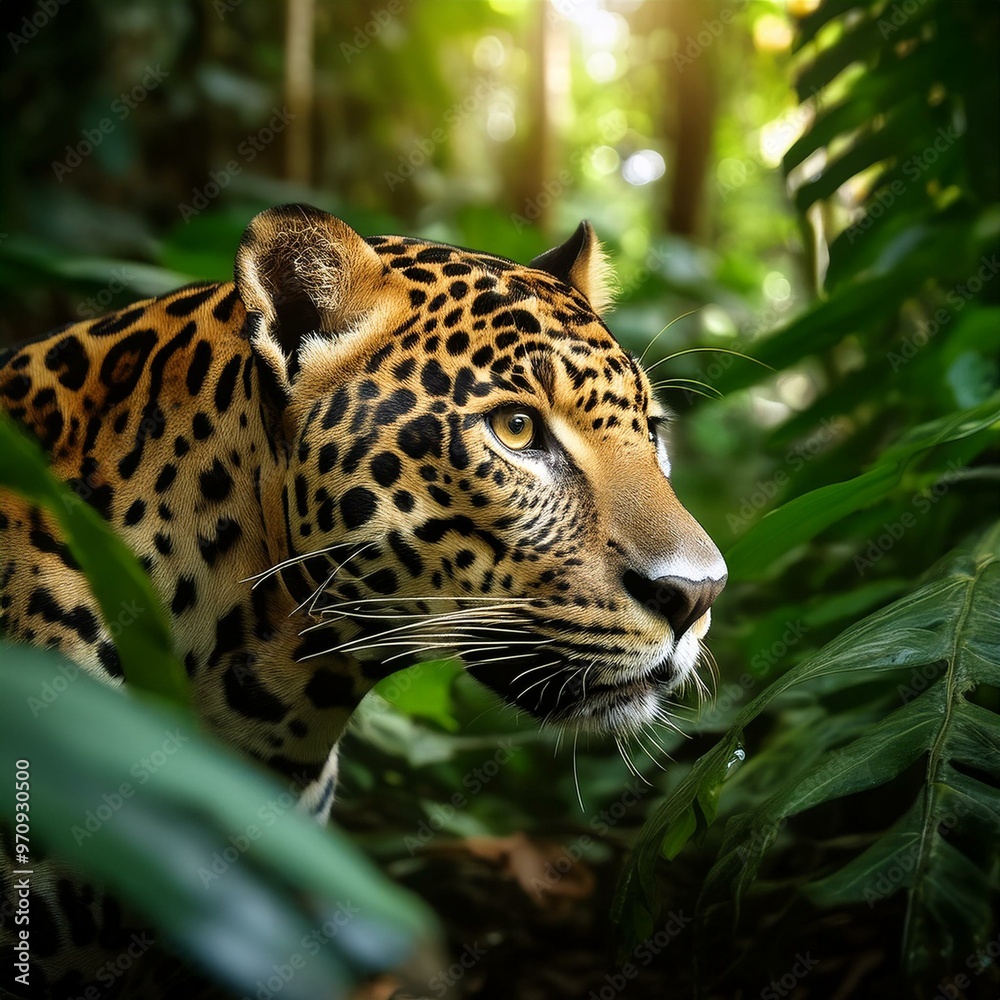 A jungle background with lush vegetation and a majestic leopard or jaguar as the focal point. The design is generated by AI to create a lifelike and immersive natural scene. A jungle background with lush vegetation and a majestic leopard or jaguar as the focal point. The design is generated by AI to create a lifelike and immersive natural scene.