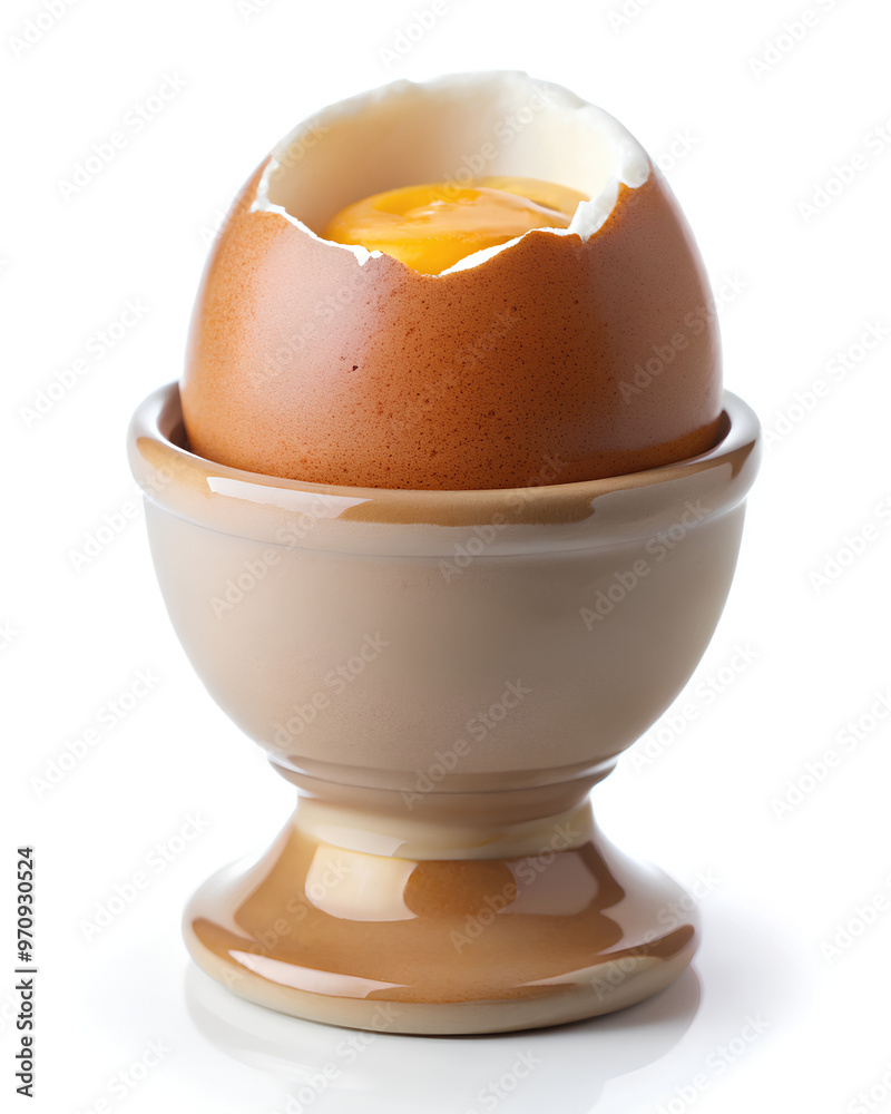 Brown soft-boiled cracked in the egg cups, isolated on white background. Clipping path Brown soft-boiled cracked in the egg cups, isolated on white background. Clipping path
