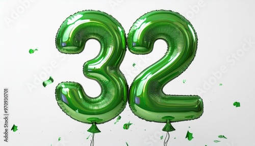 Green birthday / anniversary balloon, number 32, white background with confetti