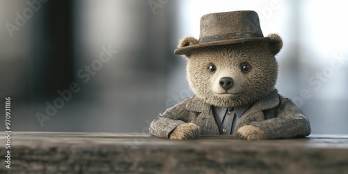 A 3D illustration featuring a Detective Bear Costume set against the backdrop of a charming vintage detective office, capturing the essence of classic sleuthing adventures. photo