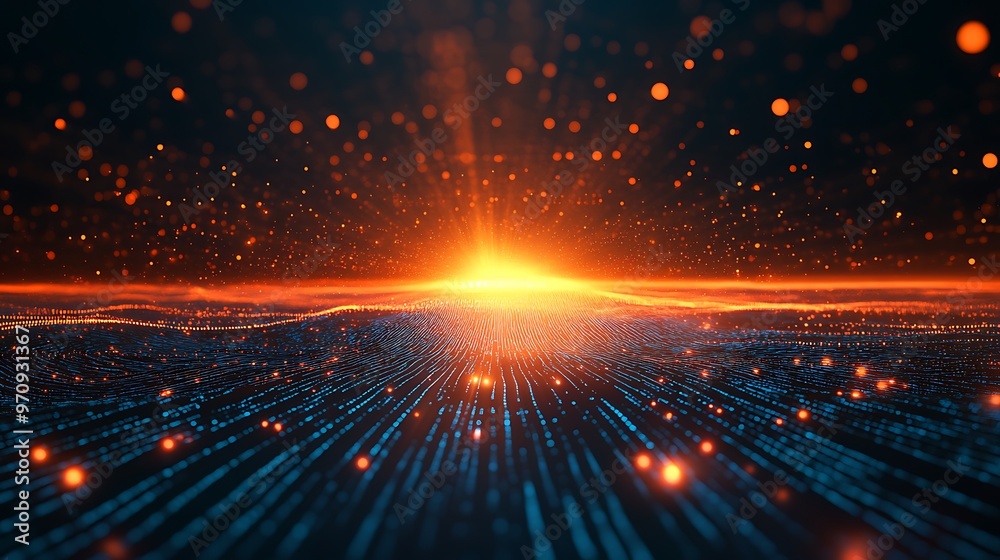 Fototapeta premium A stunning digital landscape featuring a bright sunset over a horizon filled with shimmering particles and flowing data.