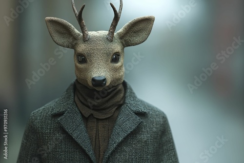 A 3D illustration features a detective in a deer costume, navigating a shadowy street filled with intrigue and uncertainty.