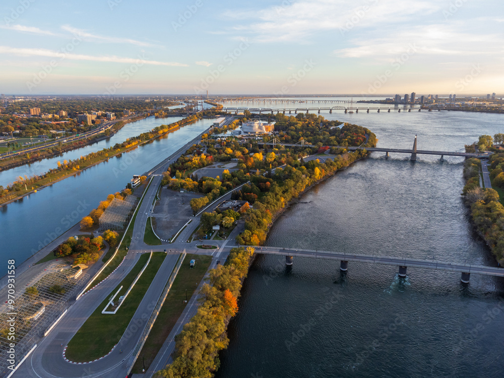 Obraz premium Aerial view of Notre Dame Island Circuit Gilles Villeneuve in autumn sunset time. Montreal, Quebec, Canada.