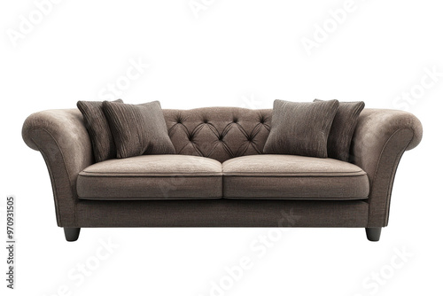 Elegant brown sofa with tufted backrest and soft cushions. Perfect for living room decor and comfortable seating in modern home interiors.