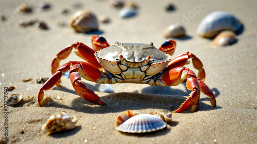 Crab closeup scuttling across a sandy beach with seashells scattered photo