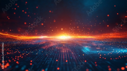 A stunning digital landscape showcasing vibrant colors and glowing particles, creating a sense of depth and futuristic ambiance.