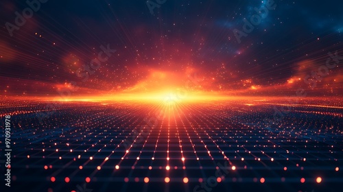 A stunning digital landscape showcasing vibrant light beams and a glowing horizon, evoking a sense of futuristic tranquility.