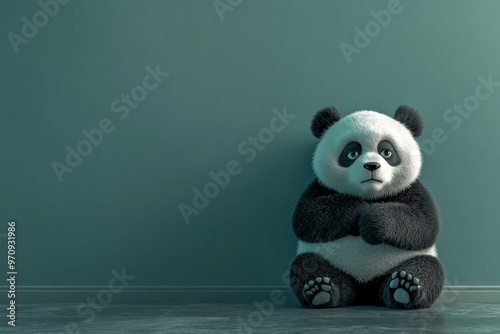 3D Illustration of a Sad Panda Sitting and Crying on a Green Background photo