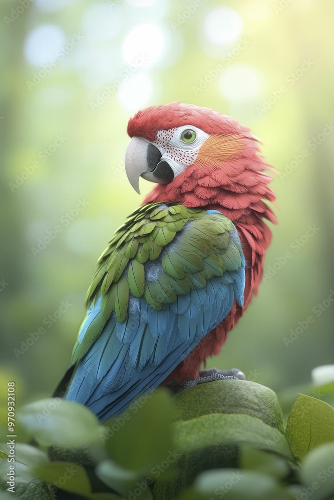 Fototapeta premium Fairy Parrot Costume, enchanted forest glade, 3d illustration