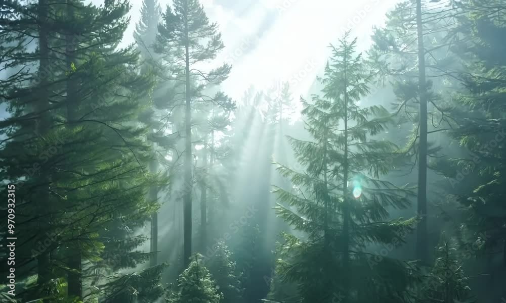 Misty forest with tall pine trees, Video