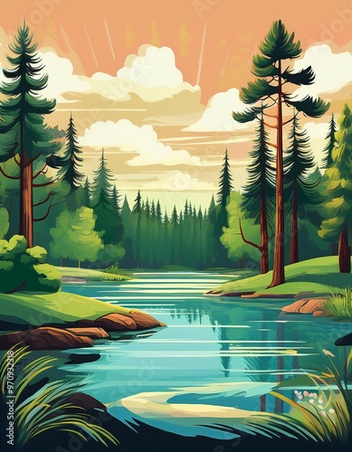 Tropical forest illustration flat art design postcard, on the day over a calm river with soft colors