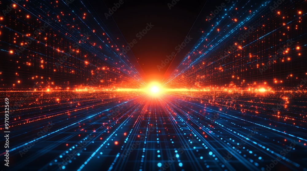 A stunning visual of a futuristic data stream, showcasing vibrant blue and orange lights converging towards a central glow. A stunning visual of a futuristic data stream, showcasing vibrant blue and orange lights converging towards a central glow.