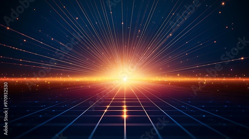 A stunning retro sci-fi landscape featuring vibrant sun rays emerging from the horizon, creating a mesmerizing visual experience.