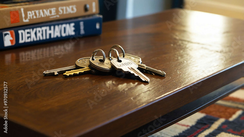 Keys sitting on a coffee table in a suburban living room