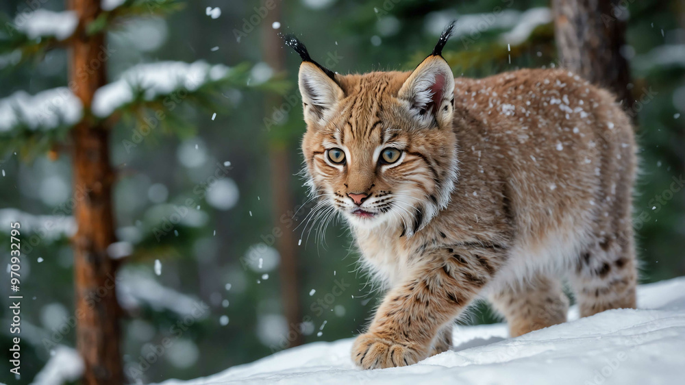 Fototapeta premium Lynx kitten closeup playing in a snowy forest with pine trees around