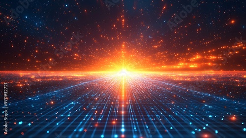 A stunning visual of radiant light beams emerging from a digital grid, representing energy and cosmic motion in a surreal landscape.