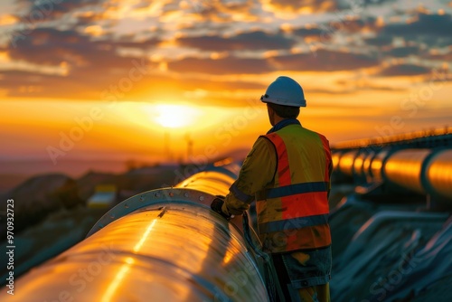 Worker Inspecting an Underground Pipeline During the Golden Hour of Sunset photo