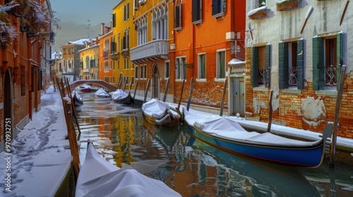 Snowy Venice Canal: Colorful Buildings and Boats in Winter