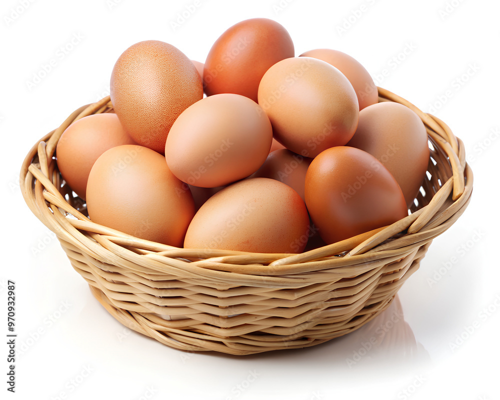 Chicken Eggs in wicker basket is isolated on white background, clipping path Chicken Eggs in wicker basket is isolated on white background, clipping path
