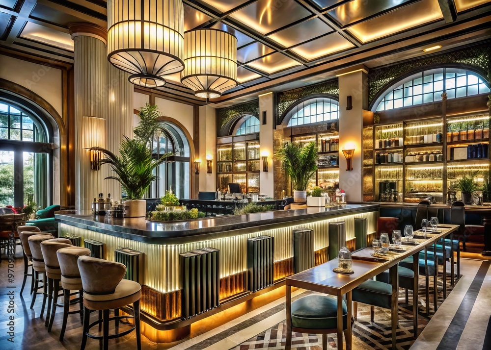 Naklejka premium Savor contemporary American flavors amidst the glamour of art deco, complete with a lively bar and upscale patio seating for a sophisticated night out.
