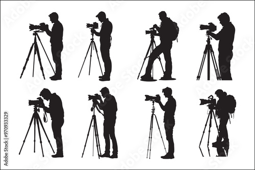 Camera silhouette, camera gear silhouette, photography gear silhouette, camera man icon, filmmaker icon, behind the scenes silhouette, video editor silhouette, camera movement silhouette,