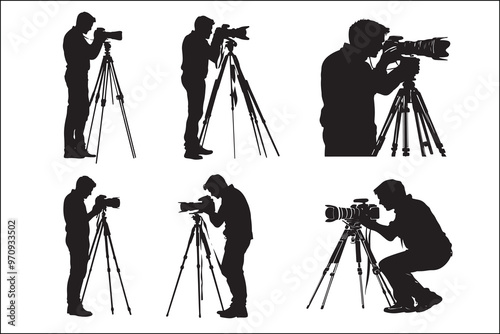 Camera silhouette, camera gear silhouette, photography gear silhouette, camera man icon, filmmaker icon, behind the scenes silhouette, video editor silhouette, camera movement silhouette,