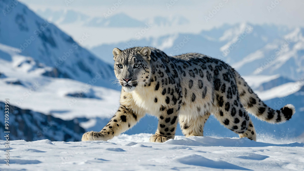 Obraz premium Snow leopard closeup prowling through snow draped mountains with distant cliffs