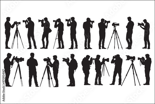 Camera silhouette, camera gear silhouette, photography gear silhouette, camera man icon, filmmaker icon, behind the scenes silhouette, video editor silhouette, camera movement silhouette,