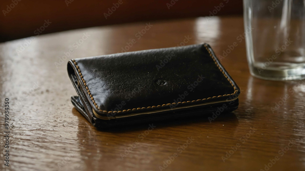 Wallet left on a restaurant table after a meal Wallet left on a restaurant table after a meal