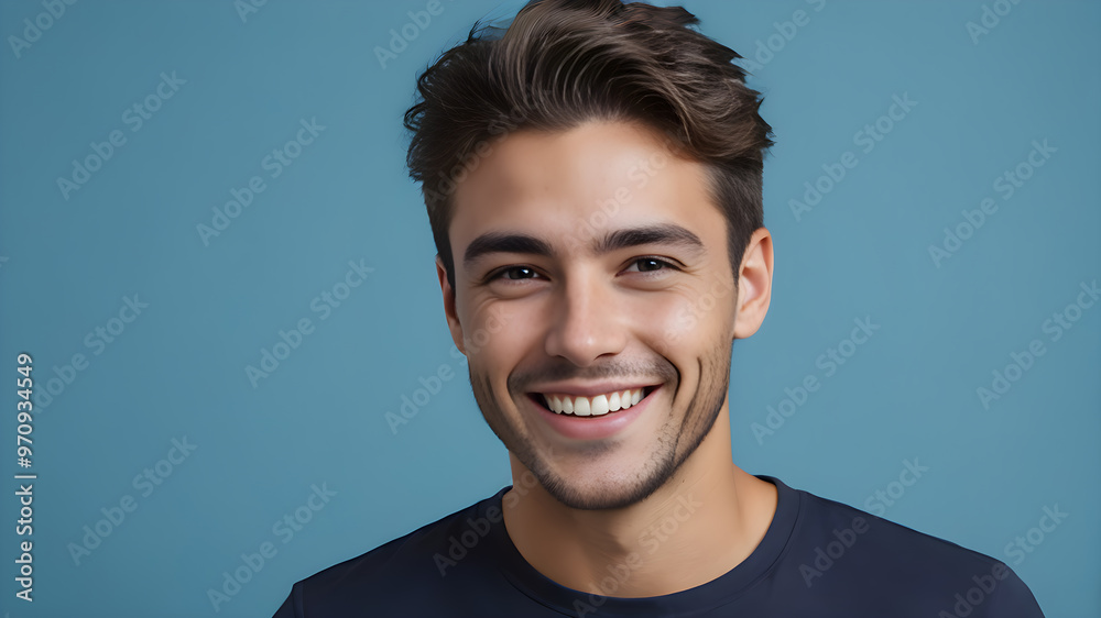 Portrait of handsome young man smiling and looking at camera over blue background Portrait of handsome young man smiling and looking at camera over blue background