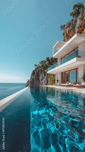 A contemporary villa perched on the edge of a cliff, featuring an expansive infinity pool with an unobstructed ocean view, designed for luxurious and peaceful living. photo