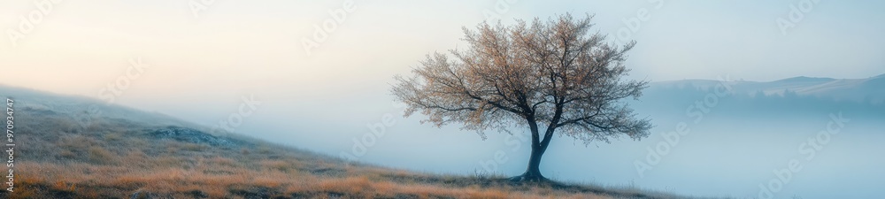 Lone Cherry Tree on a Misty Hilltop at Dawn Lone Cherry Tree on a Misty Hilltop at Dawn