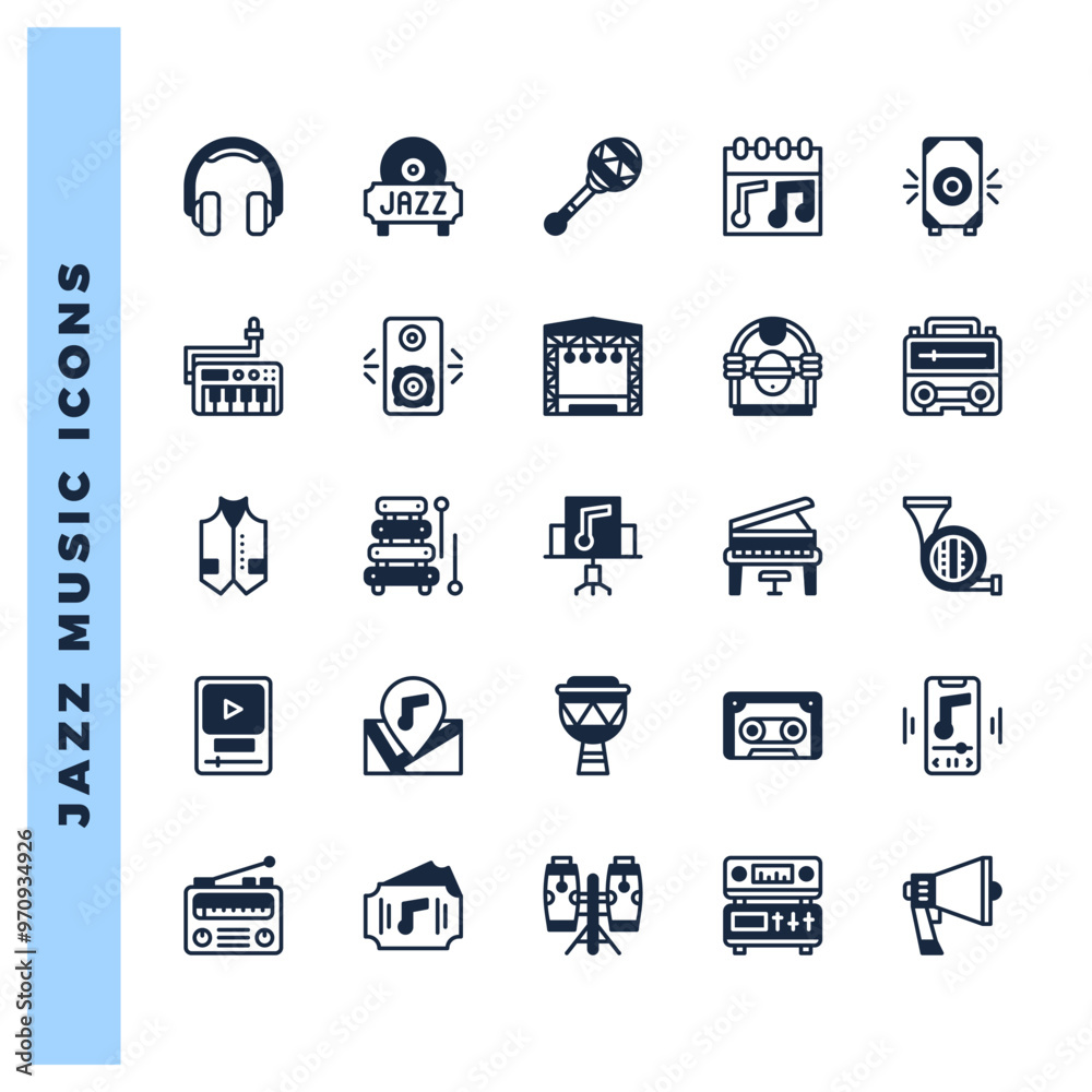 25 Jazz Music Lineal Fill icons pack. vector illustration. 25 Jazz Music Lineal Fill icons pack. vector illustration.