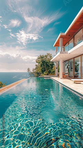 A stylish and modern villa with a beautiful infinity pool offering an exquisite ocean vista, perfect for relaxation and indulgence, set in a serene location. photo