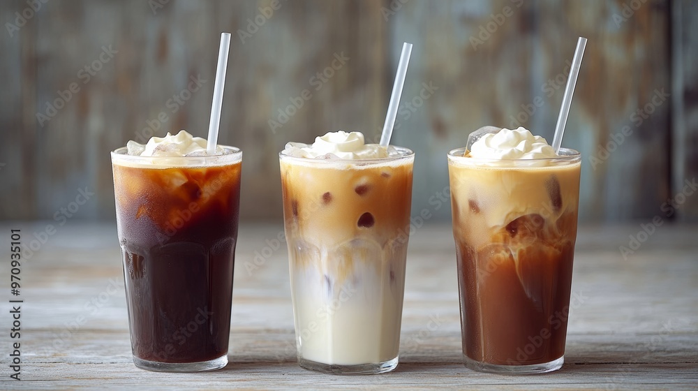 Trio of iced coffee beverages in clear cups with straws: featuring varying levels of milk and cream Trio of iced coffee beverages in clear cups with straws: featuring varying levels of milk and cream